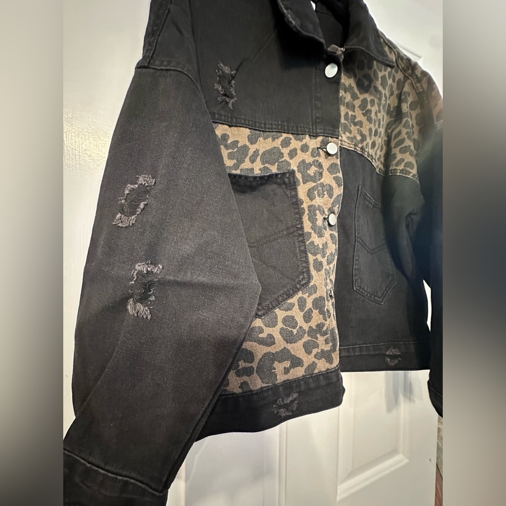 Leopard Patchwork Distressed Denim Jacket - Black/Tan, size L, NWOT - Picture 3 of 10